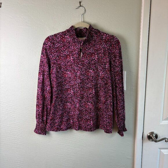 J.Jill Smocked Floral Print Mock Neck Knit Shirt Magenta Pink Purple Top NWT S - Picture 1 of 10